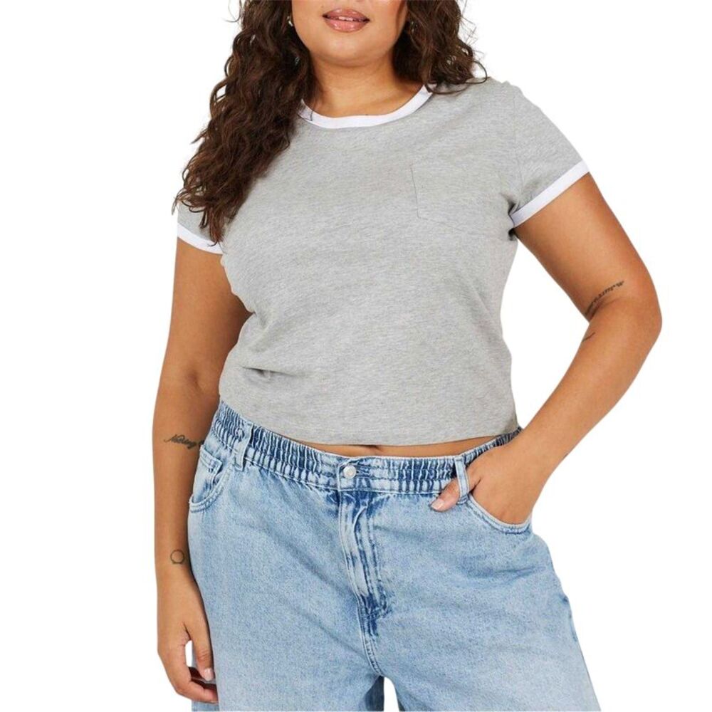 Brave Soul Womens/Ladies Ringer Crew Neck Plus T-Shirt / Gray/White